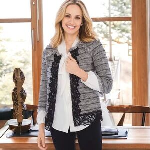 CHICO'S Black and Gray Tweed Fringed Lace Cardigan Jacket size 1